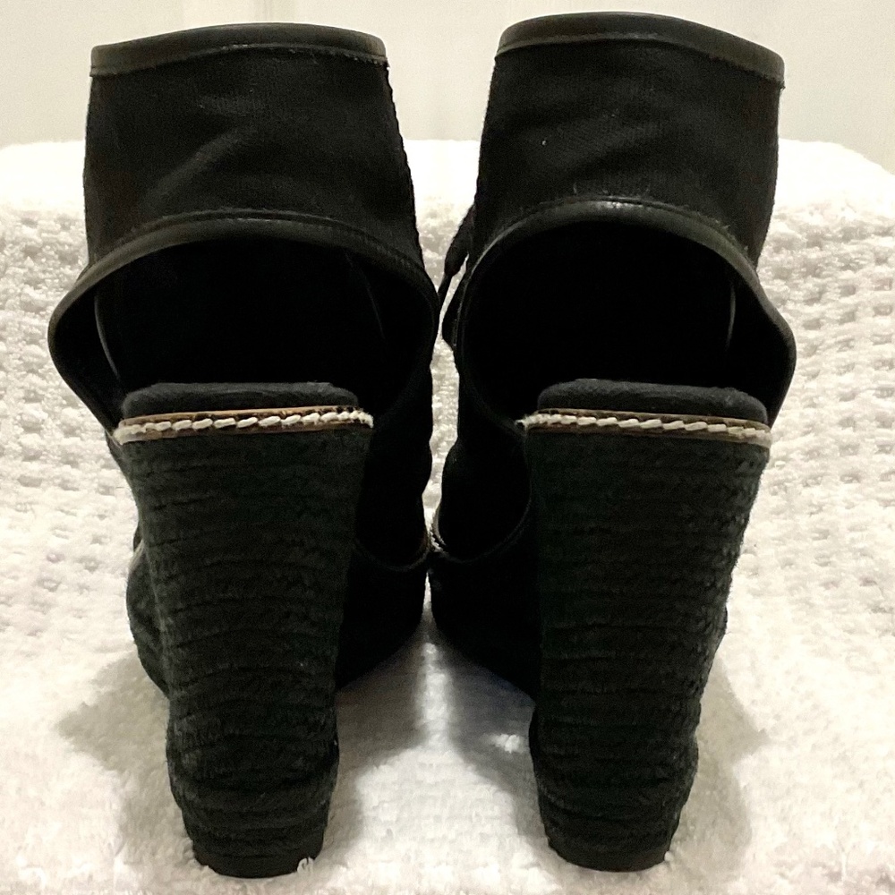 TORY BURCH Black and gold Canvas Espadrille Wedge Heel Platform Lace Up Size 7B - Picture 4 of 16